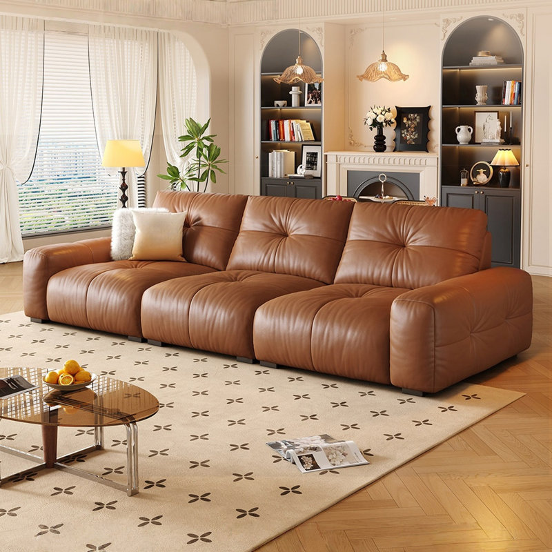 Canapé modulaire noir en cuir véritable, Brun, 36.22" H x 126.38" W x 47.24" D