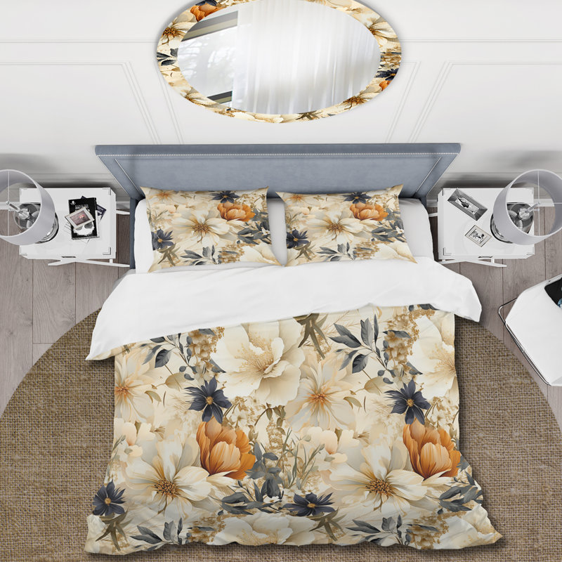 Literie antique avec pivoines beiges et bleues II, Housse de couette simple + 1 taie décorative stan