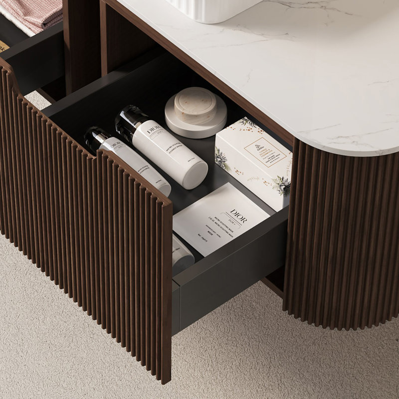 Meuble-lavabo 60 po avec lavabo, armoire de rangement murale à bords courbés et rayés avec 2 tiroirs, 2 lavabos rectangulaires en céramique blanche, sans robinet, pré-assemblé, couleur grain de bois noyer foncé