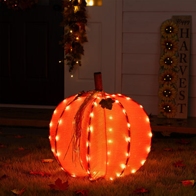 25"H Fall 3D Lighted Foldable Pumpkin Outdoor Décor with 80 Golden Hued LED Lights, w/Timer （KD）