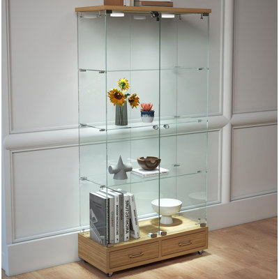 Antique Style Glass Display Cabinet - Modern LED-Lit Bookshelf with Large Drawers, 2 Doors & 4 Shelves, Quick Assembly for Home Decor