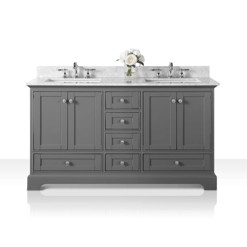 Audrey 60'' W Double Vanity, Carrara White, Brushed Nickel, Sapphire Gray