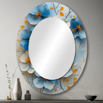 Velours cerisier en fleurs bleu Simplicity I - miroir mural ovale blanc