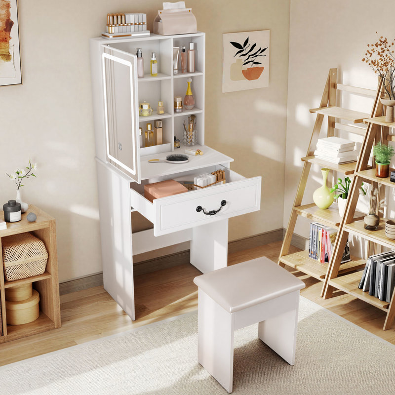 Modern Makeup Vanity with Adjustable LED-lit Mirror with Padded Stool, For Apartment and Small Space