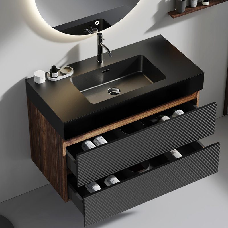 Meuble-lavabo mural avec tiroirs noirs doux et finition noyer, lavabo Grace