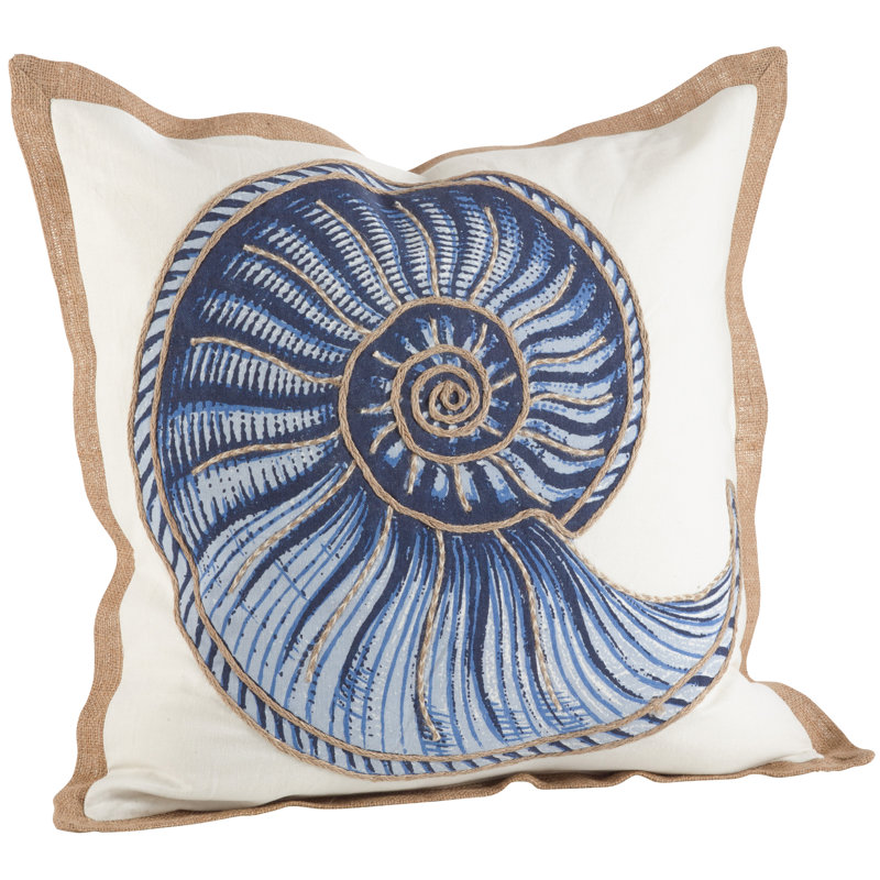 Navy Blue Spiral Shell Embroidered Cotton Throw Pillow