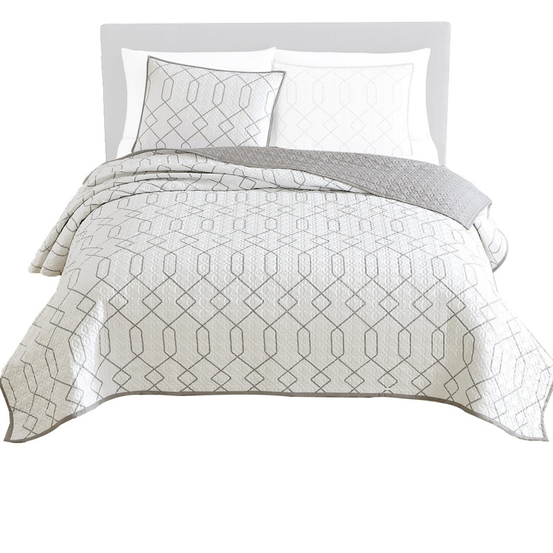  White/Gray Microfiber Reversible 2 Piece Coverlet / Bedspead Set