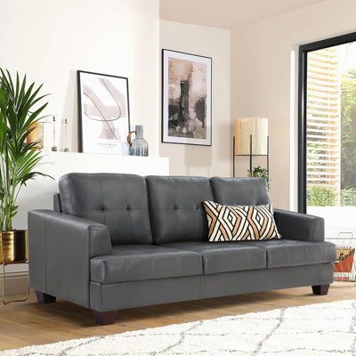 Srouder 88.5" Modern & Contemporary Tufted Faux Leather Sofa with Loose Back Cushions & Exposed Wood Feet