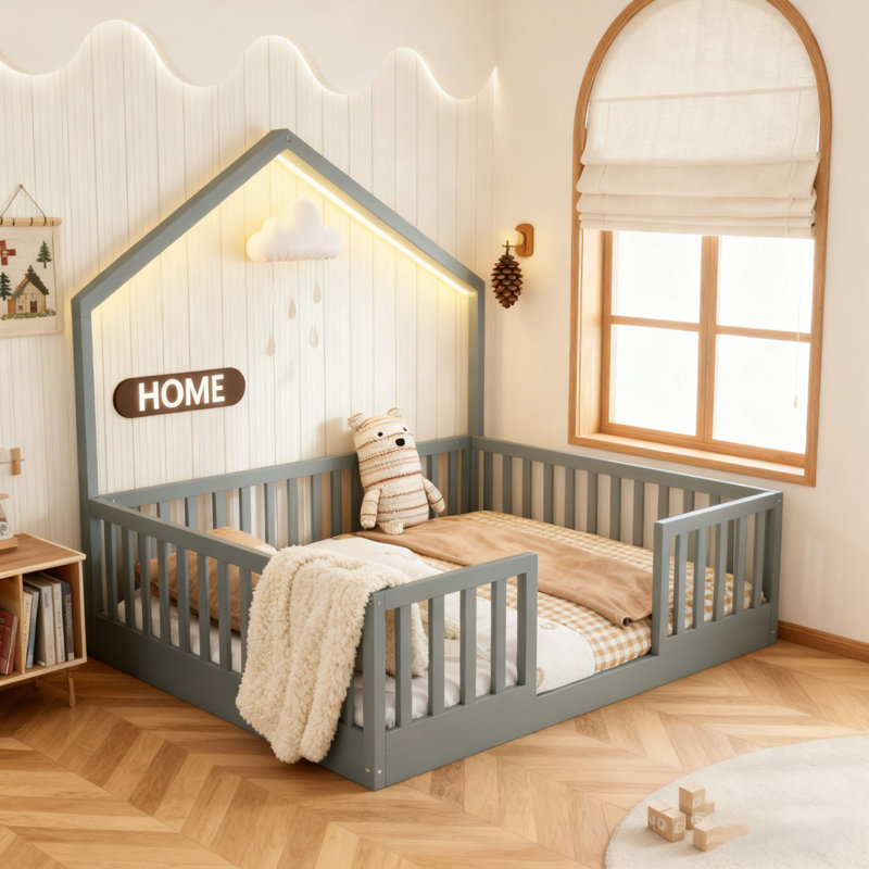 Floor Bed with High Rails, Wooden Montessori Bed with Light, Gray, Twin