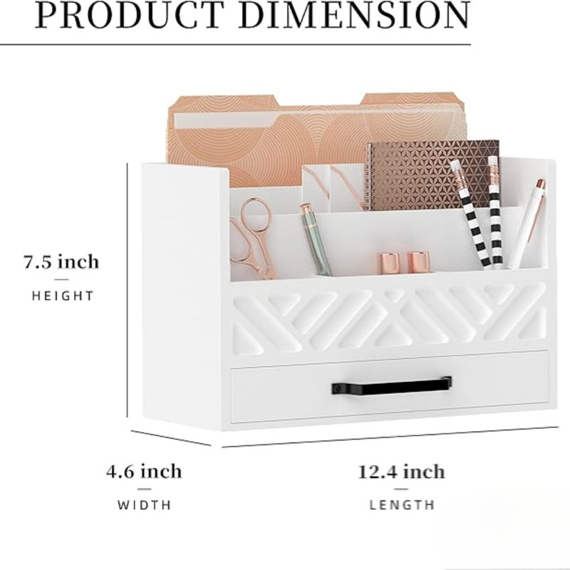 Organisateur de bureau en bois avec tiroir, support de courrier de bureau avec 5 compartiments, Blanc