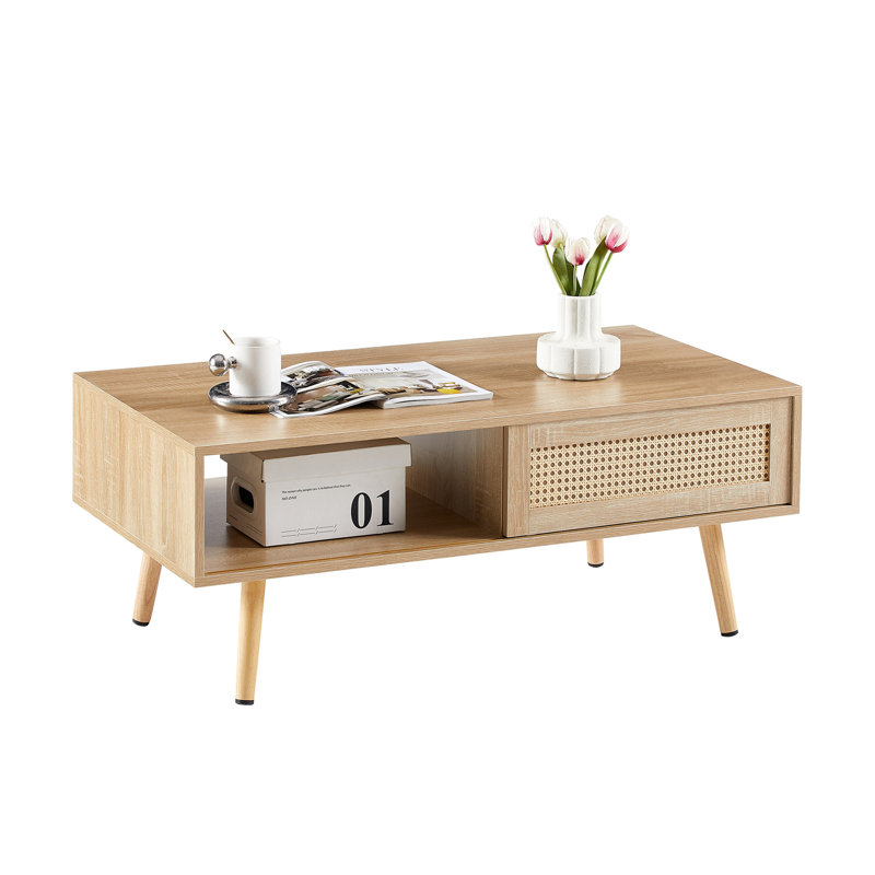 Table basse de 40,51 po, pieds en bois massif, attrait naturel pour le rangement intérieur de la porte coulissante du salon