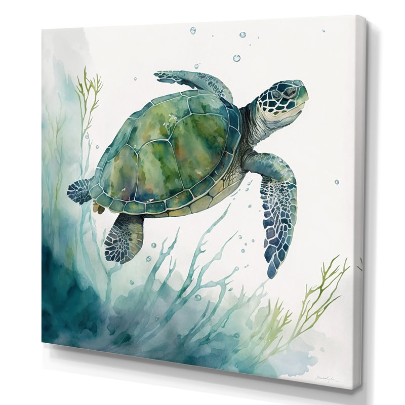 Tortue aquarelle nageant II - reproduction sur toile, H 36 po x l 36 po x P 1,5 po, Toile tendue