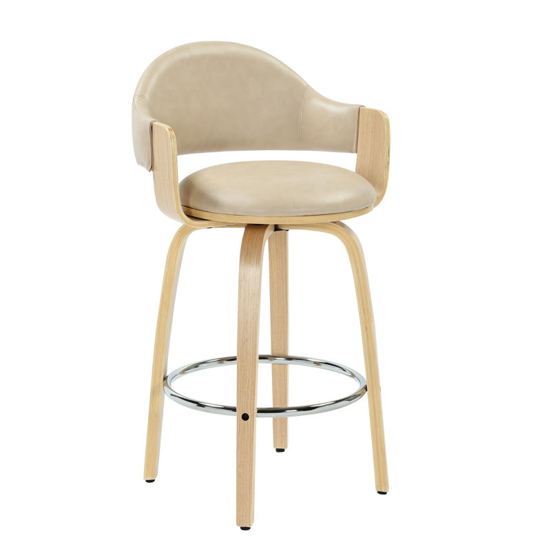 Daxton Mid-Century Swivel Bar & Counter Stool With Curved Back, Upholstered Seat, And Wood Frame, 67.1cm, Latte, Vanilla Mist