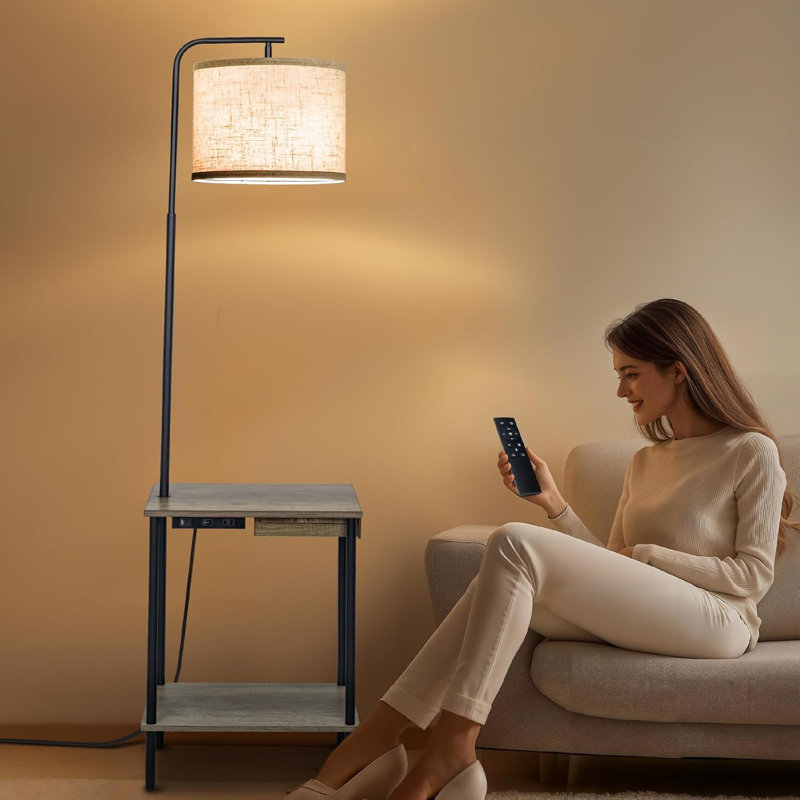 Floor Lamp With Side Table, USB Charging Port, Power Outlet, Shelves & Drawer, Adjustable LED Bulb, Rotatable Lampshade For Living Room, Bedroom, Office