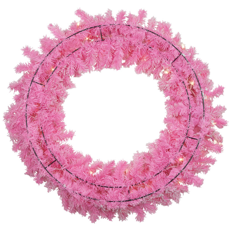 Pre-Lit Flocked Pine Artificial Christmas Wreath - Clear Lights, 36" H x 36" W x 6" D, Pink