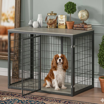 47" Multi-Function Large Dog Crate Furniture, Modern Wooden Metal Dog Kennel with 3 Doors, Heavy Duty Indoor Pet Cage House Side Table with Adjustable Feet for Large & Medium Dogs