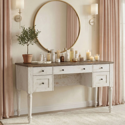 56" Spacious Vanity Desk With 5 Drawers, Charging Station, Rear Cabinet, Open Shelf, Rustic White, No Mirror