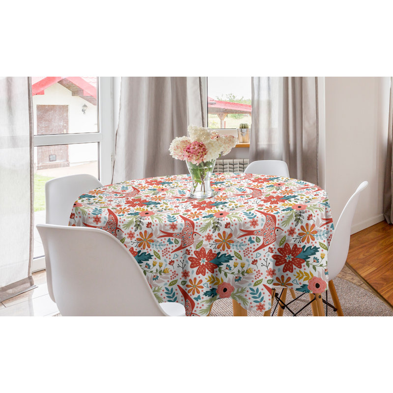 Ambesonne Floral Round Tablecloth, Spring Themed Blossomings Laurel Leaf Bird, Circle Table Cloth Cover For Dining Room Kitchen Decoration, 60", Burnt Sienna Multicolor