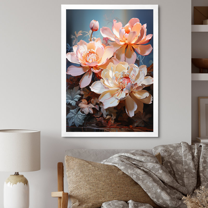 Fleurs de lotus de la pureté IV sur toile, H 32 po x l 16 po x P 1 po, Cadre simple blanc