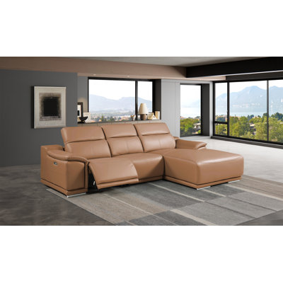 Canapé modulaire 3 pièces en cuir italien DivanItalia Cognac faisant face à droite avec 1 fauteuil inclinable électrique et appuis-tête réglables