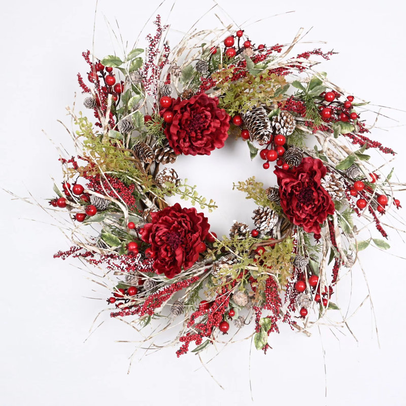 26" Artificial Winter Pinecone Berry Birch Christmas Day Peony Floral Wreath - Thumbnail 2