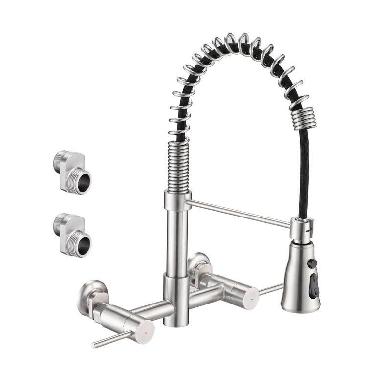 Durable Stainless Steel Wall-mounted Kitchen Faucet With 3 Functions And High Arc Spout, Brushed Nickel