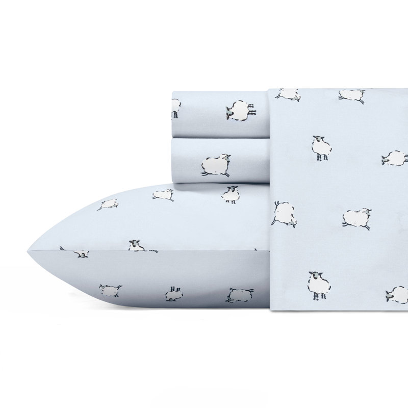 Ensemble de draps en coton percale Poppy & Fritz, Ensemble de draps lit simple + 1 taie d'oreiller, Bleu / mouton