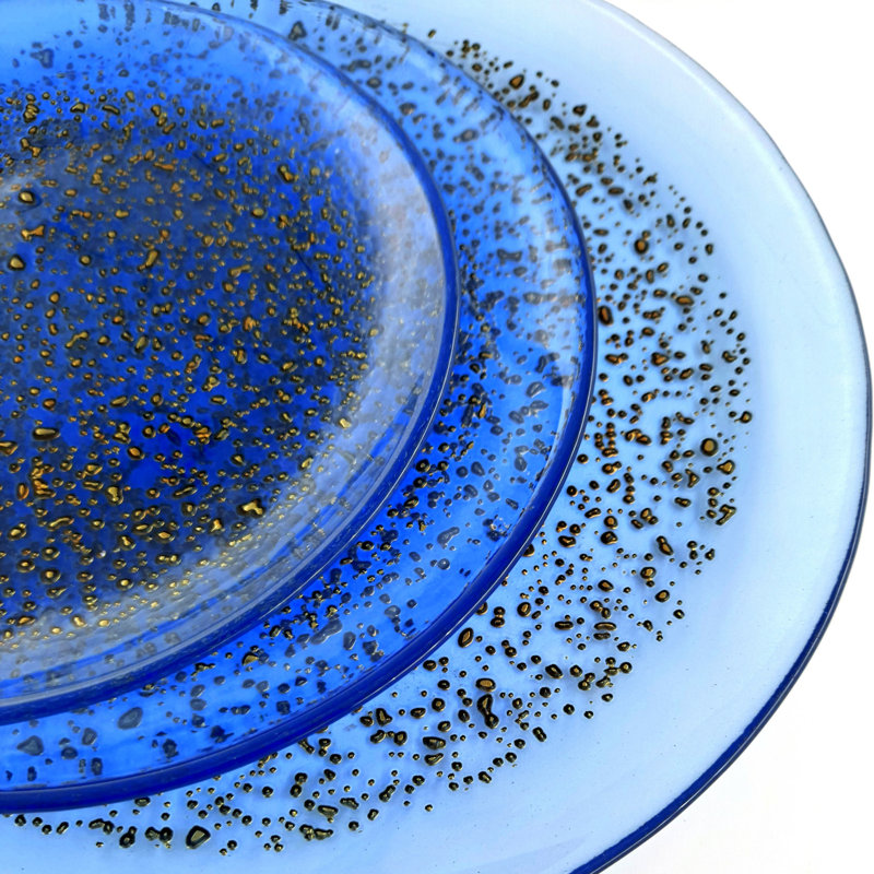Handmade Glass Dinnerware Set 12 Piece - Service for 4, Indigo/Bronze