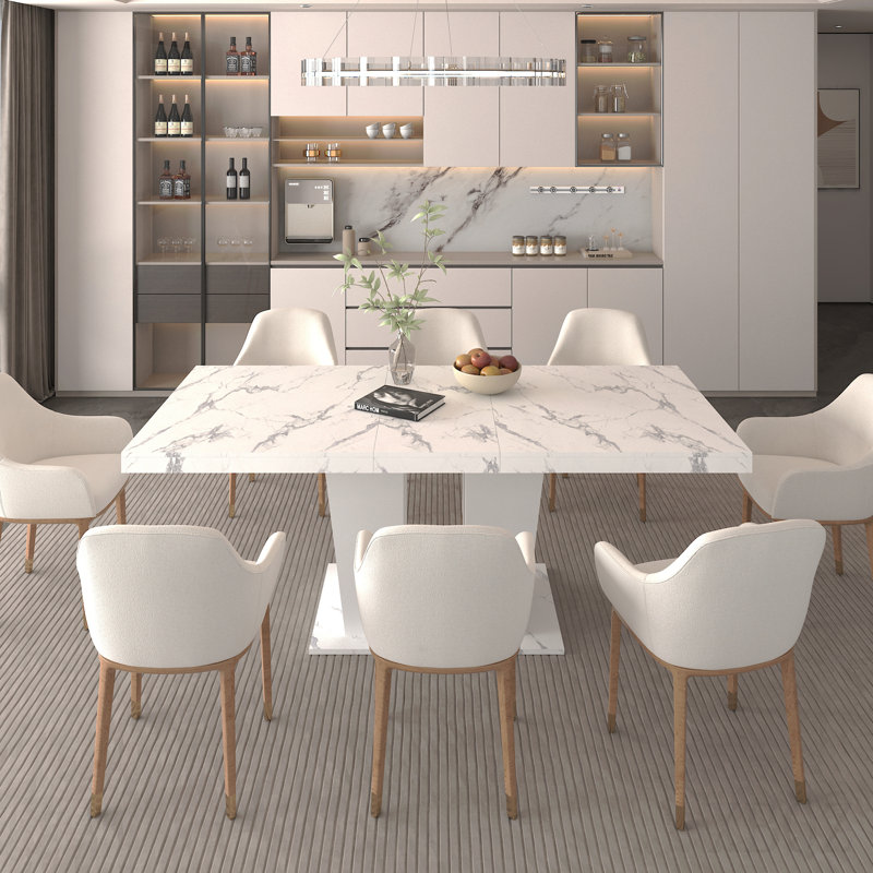 Table de salle à manger extensible pour 6-10 moderne table de cuisine en faux marbre blanc avec base à double colonne, grande table de salle à manger rectangulaire