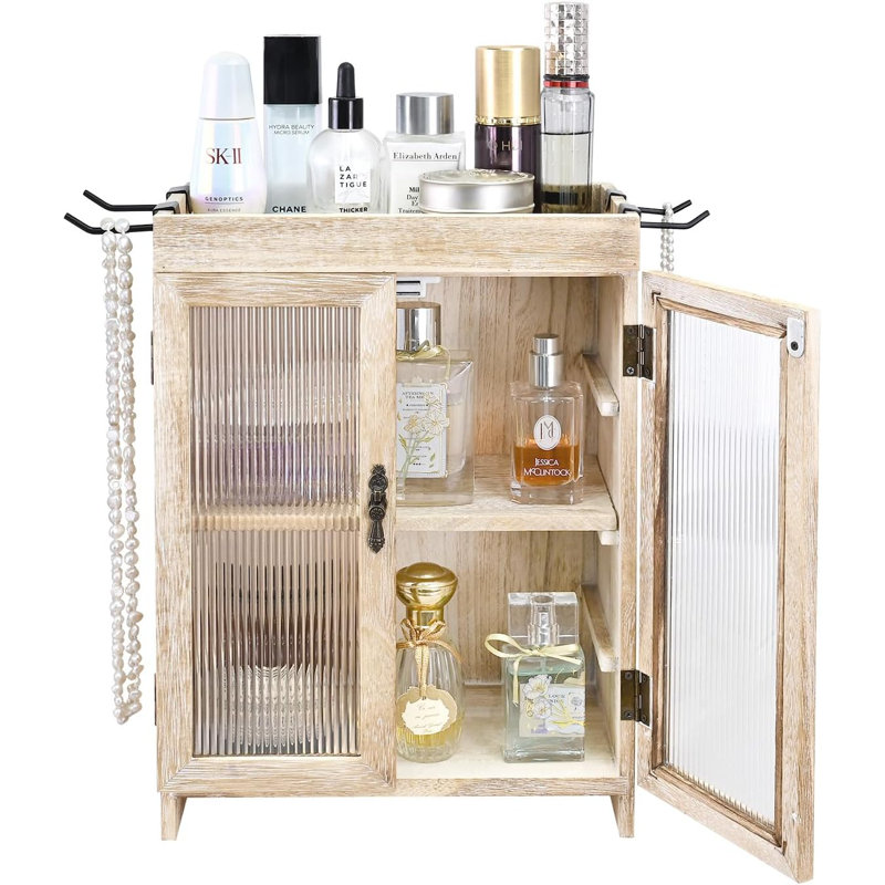 Wooden Countertop Storage Cabinet with Wavy Magnetic Door, Adjustable Shelves, Removable Hooks.