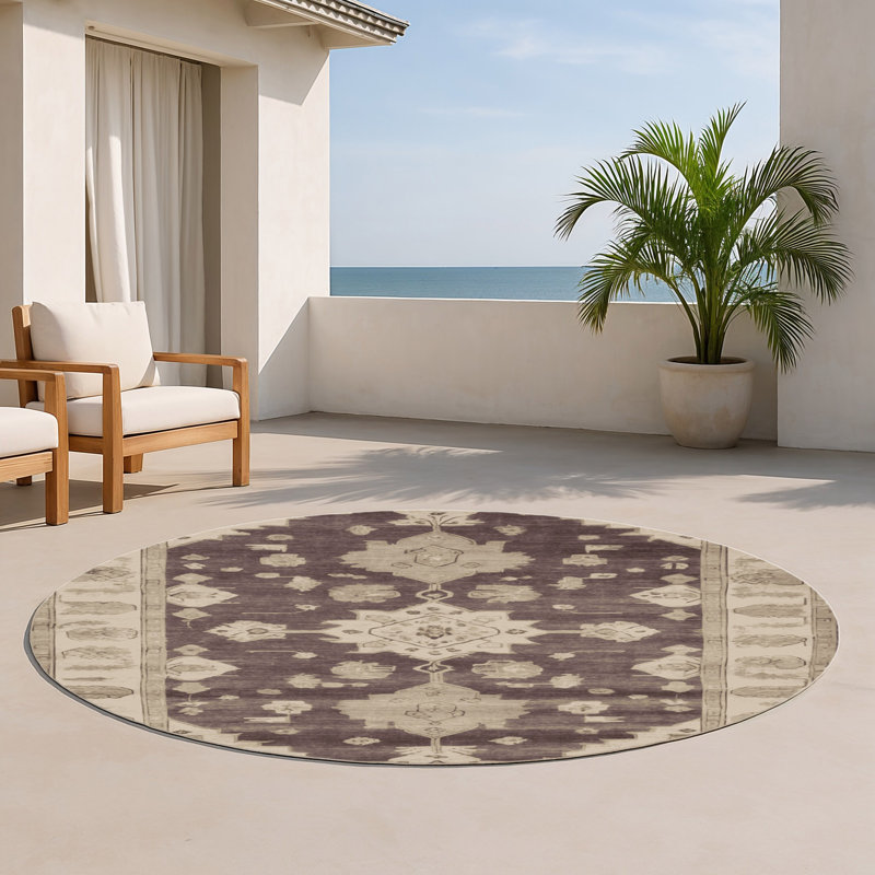 Overdyed Beige Indoor and Outdoor Area Rug, Round 5'