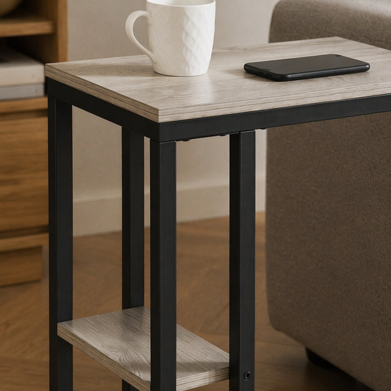 Table d'appoint, en forme de C, bout, côté, collation, salon, chambre à coucher, stratifié gris, métal noir, contemporain, moderne
