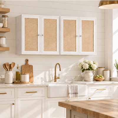 47.2"W x 11.8"D x 21.6"H Wall Cabinet, Rattan Door Design, 3 Adjustable Shelves, Easy Mount for Laundry Room