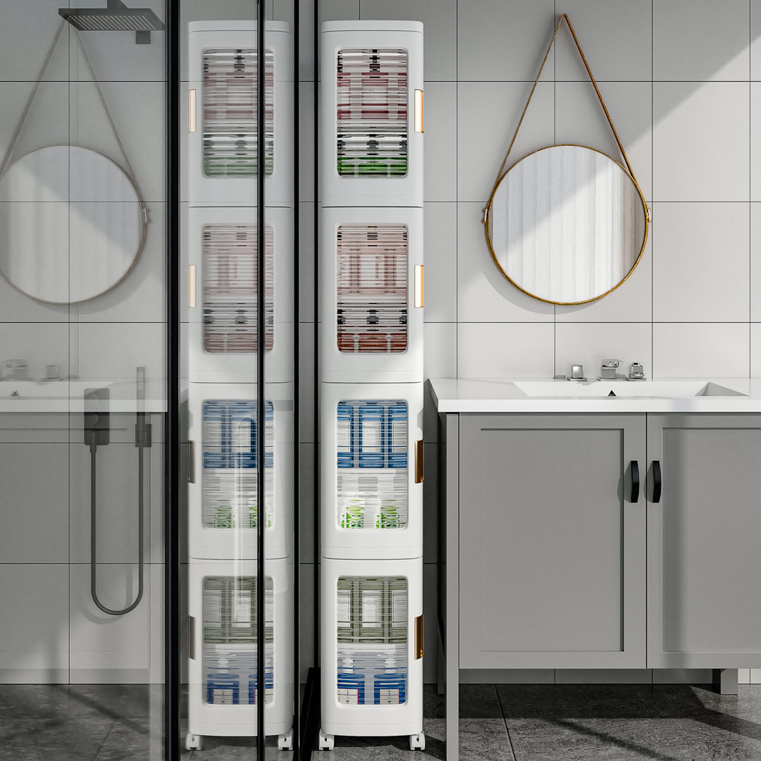 Aarn 4 Tier Folding Stackable Storage Box, Stackable Storage Drawers On Wheels, Bathroom Floor Cabinet With Doors Rebrilliant