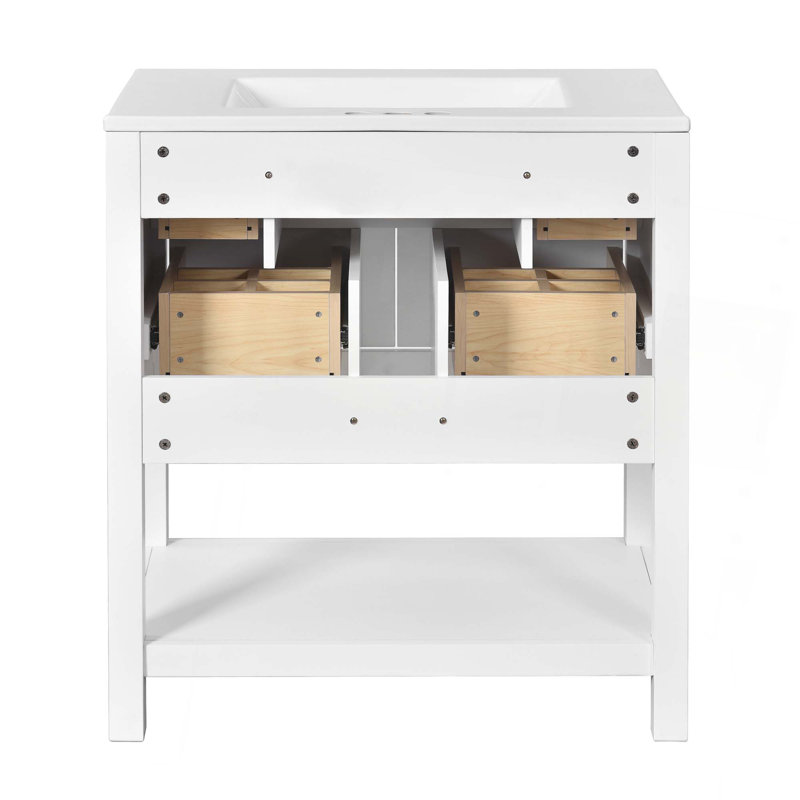 Ensemble de meuble-lavabo avec lavabo en céramique, ensemble de meuble-lavabo simple autoportant avec 5 tiroirs, armoire de rangement en bois massif