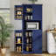 Garde-manger campagnard bleu marine avec tablettes ouvertes et compartiment à micro-ondes | Grande armoire de rangement avec tablettes réglables-1751611658