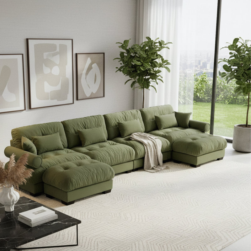 166" Oversized U-Shaped Modular Velvet 4 Seat Sectional Sofa with Ottoman, Olive Green, Green