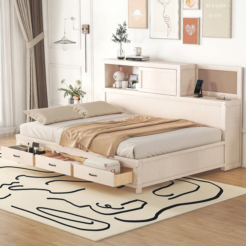 Wooden Daybed with 3 Storage Drawers, Upper Soft Board, shelf, and a set of Sockets and USB Ports, Full, White