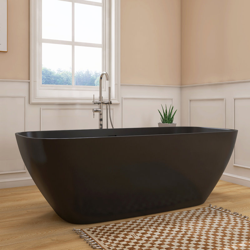 67' Freestanding Bathtub Resin Stone Soaking Bathtub Solid Surface Modern Tubs with Overflow and Pop-up Drain, Matte Black