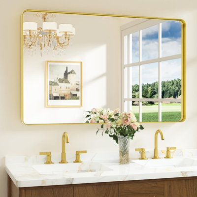 Brushed Gold Bathroom Mirror 48 X 30 Inch Large Rounded Rectangle Vanity Mirror, Brass Gold Wall Mirror With Shatterproof HD Tempered Glass, Decorative Gold Framed Mirror(Horizontal/Vertical)