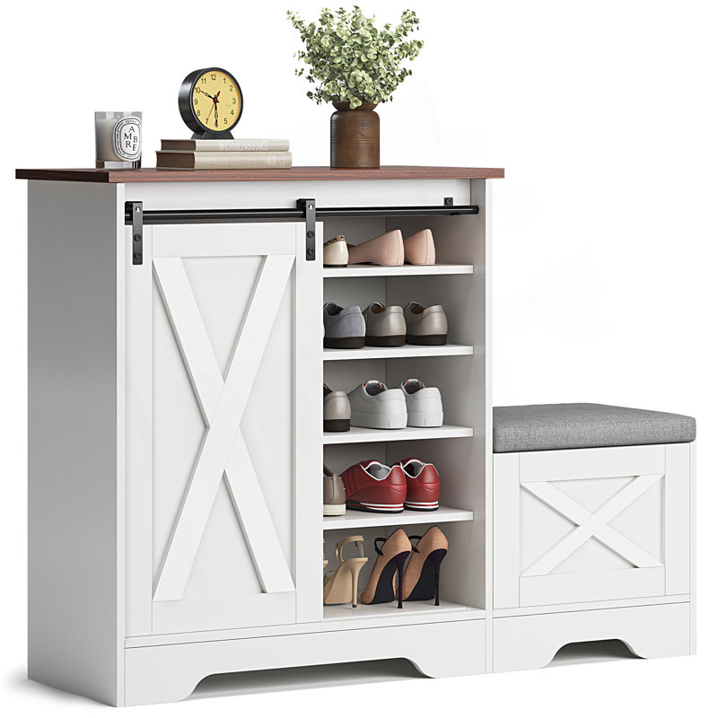 Meuble à chaussures d'entrée avec compartiments cachés et banc de rangement intégré
