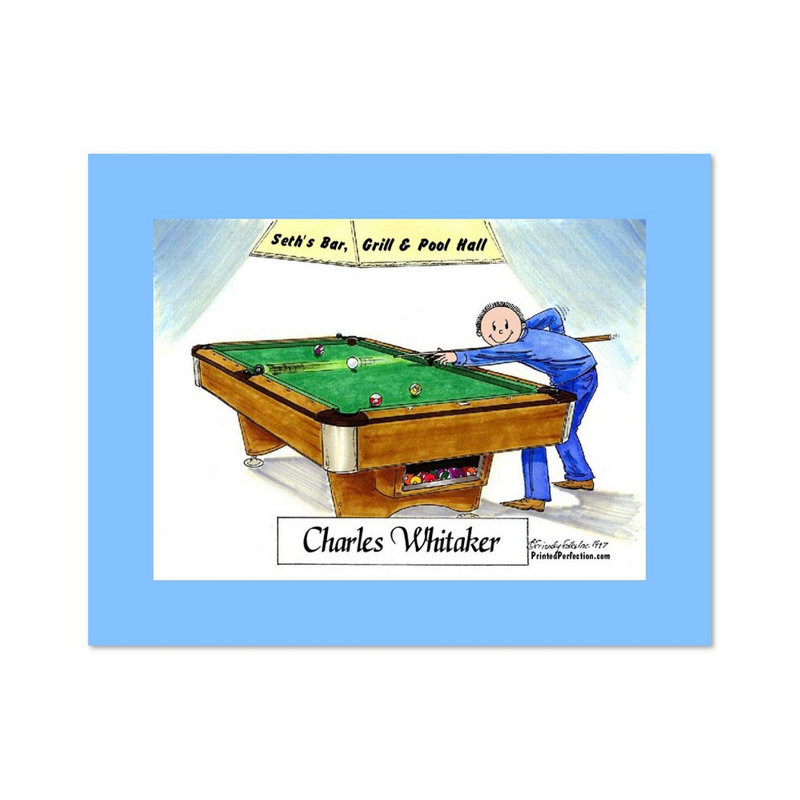 Personalized Billiards, Pool Player - Male Cartoon Caricature with a Mat, Ready to Frame, Yes