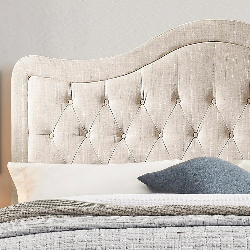 Tête de lit tapissier capitonnée à hauteur réglable avec pied de lit, Très grand lit, Beige