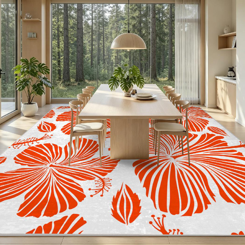 Orange Tropical Hibiscus Flowers Colors Watercolor White Abstract Art Machine Washable Indoor Area Rug, Rectangle 79" x 118"