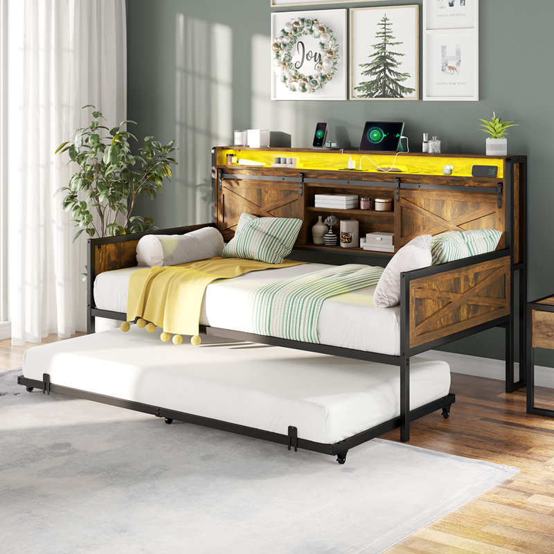 Tryston Twin Daybed With Trundle, Sliding Barn Door Headboard & Charging Station & Led Light, Rustic Brown