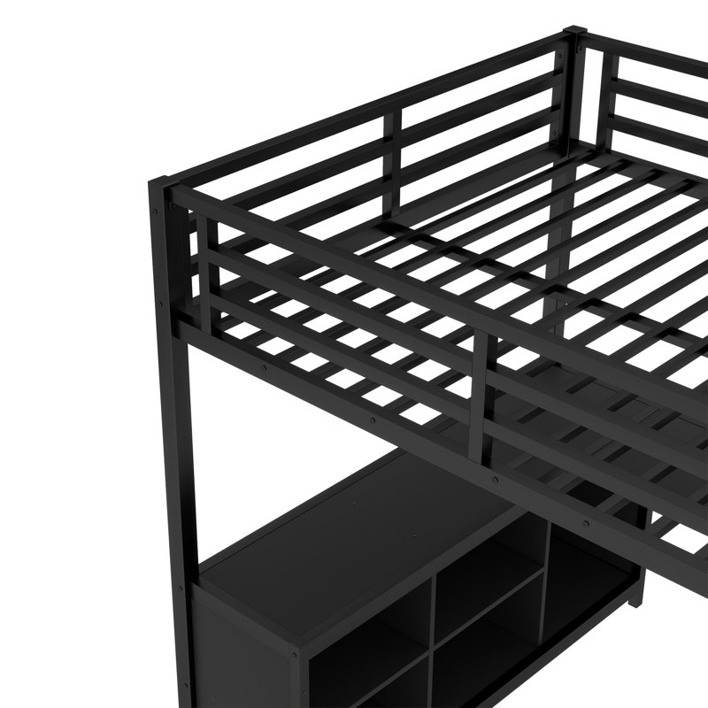 Lit mezzanine en métal avec garde-robe et bureau en L, lit mezzanine double avec cubes de rangement et tablettes