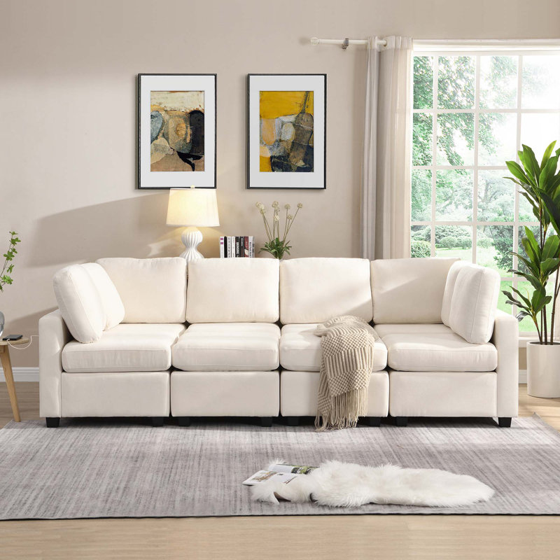 Kamden 103" Free Combination Sectional Sofa with Movable Ottomans & USB Ports, Beige Chenille