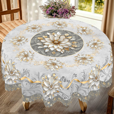 Élégante fleur blanche et dorée 1pc avec un style luxueux gris argenté rétro, des bords estampés et un tissu en polyester tissé durable, convenant à la cuisine, au jardin extérieur, aux fêtes, au restaurant et au banquet