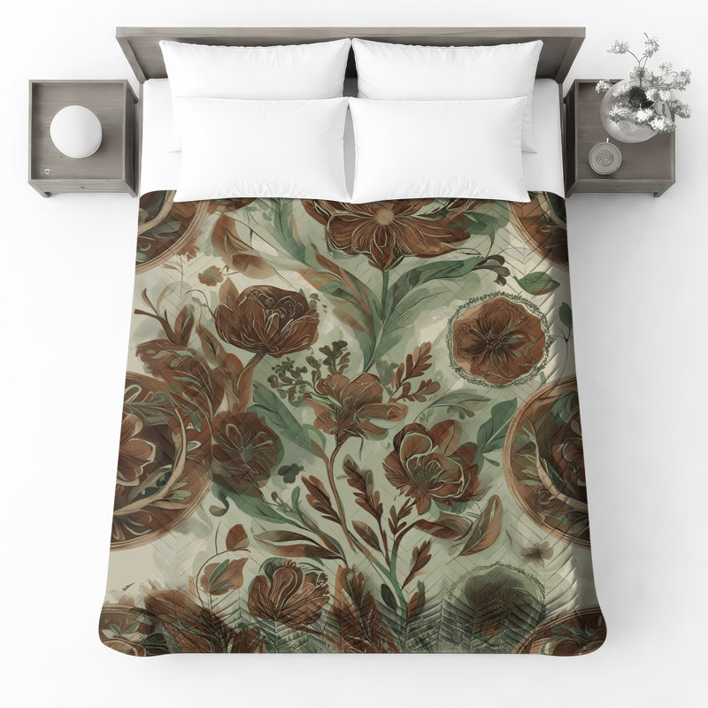 Illustration de couvre-lit floral brun et vert, Lit simple