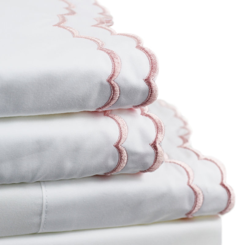 Ensemble de draps 100% coton 300 fils Bara, Ensemble de draps pour lit simple avec 1 taie d'or, Rose et blanc